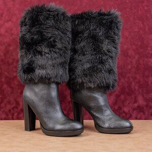 Michael Kors Women Carlie Black Leather Slip-op Faux Fur Cuff Knee Boots sz 10